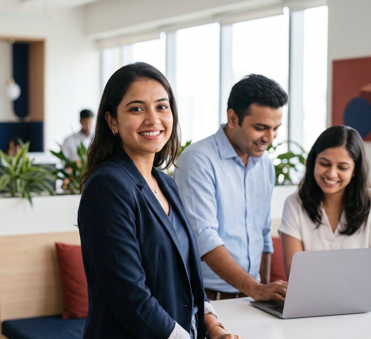 A smiling young professional in a navy blazer with two colleagues working at a laptop in a bright office