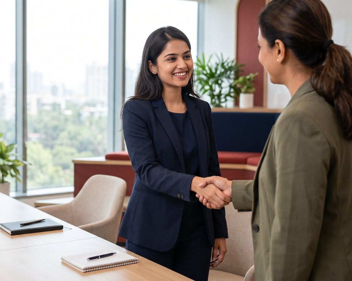 A smiling young woman in a navy suit shaking hands with an interviewer in a bright office
