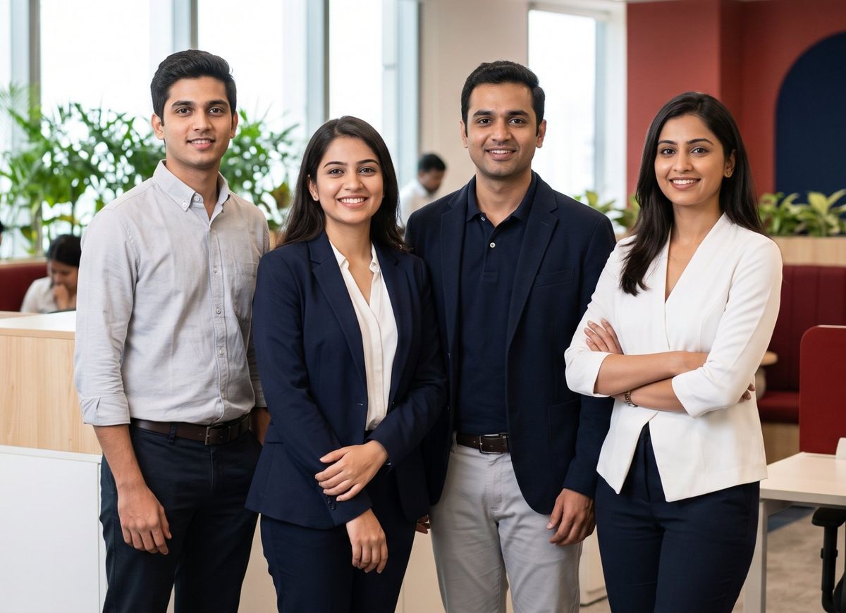 Four young professionals in smart business clothes standing together in a modern office